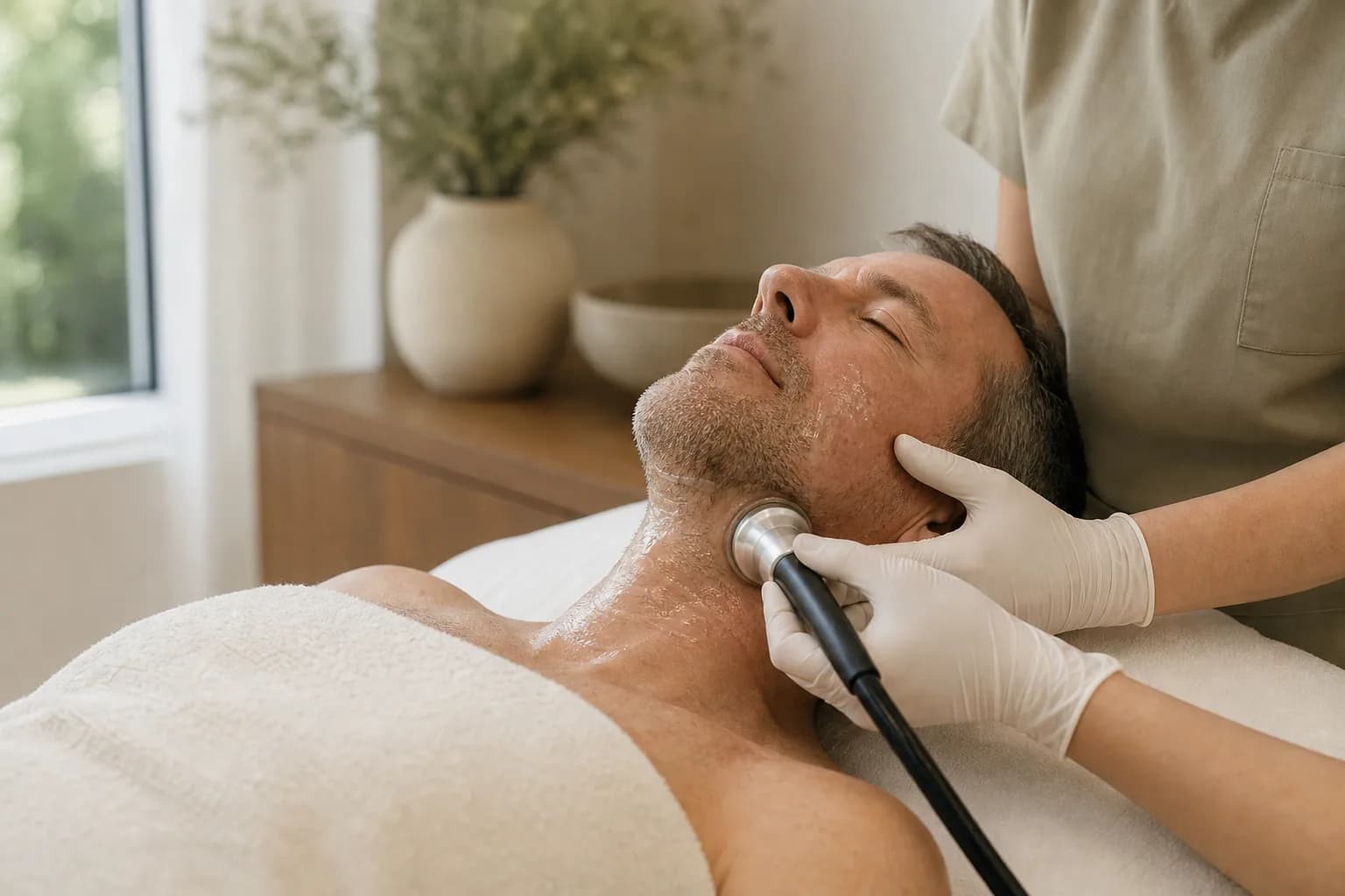 A radiofrequency handpiece being glided along a man's jawline and neck