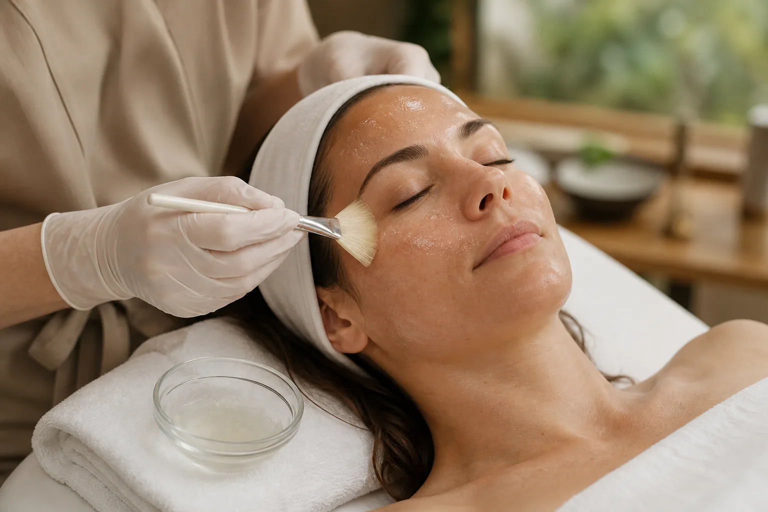 A gloved esthetician brushing a clear liquid peel solution across a reclining client's cheek with a fan brush