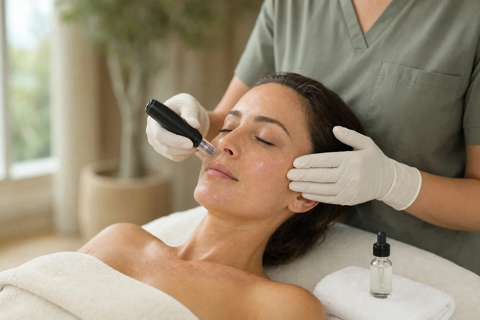 A gloved practitioner running a microneedling pen across a client's cheek, with a glass dropper bottle of serum on a folded towel beside her