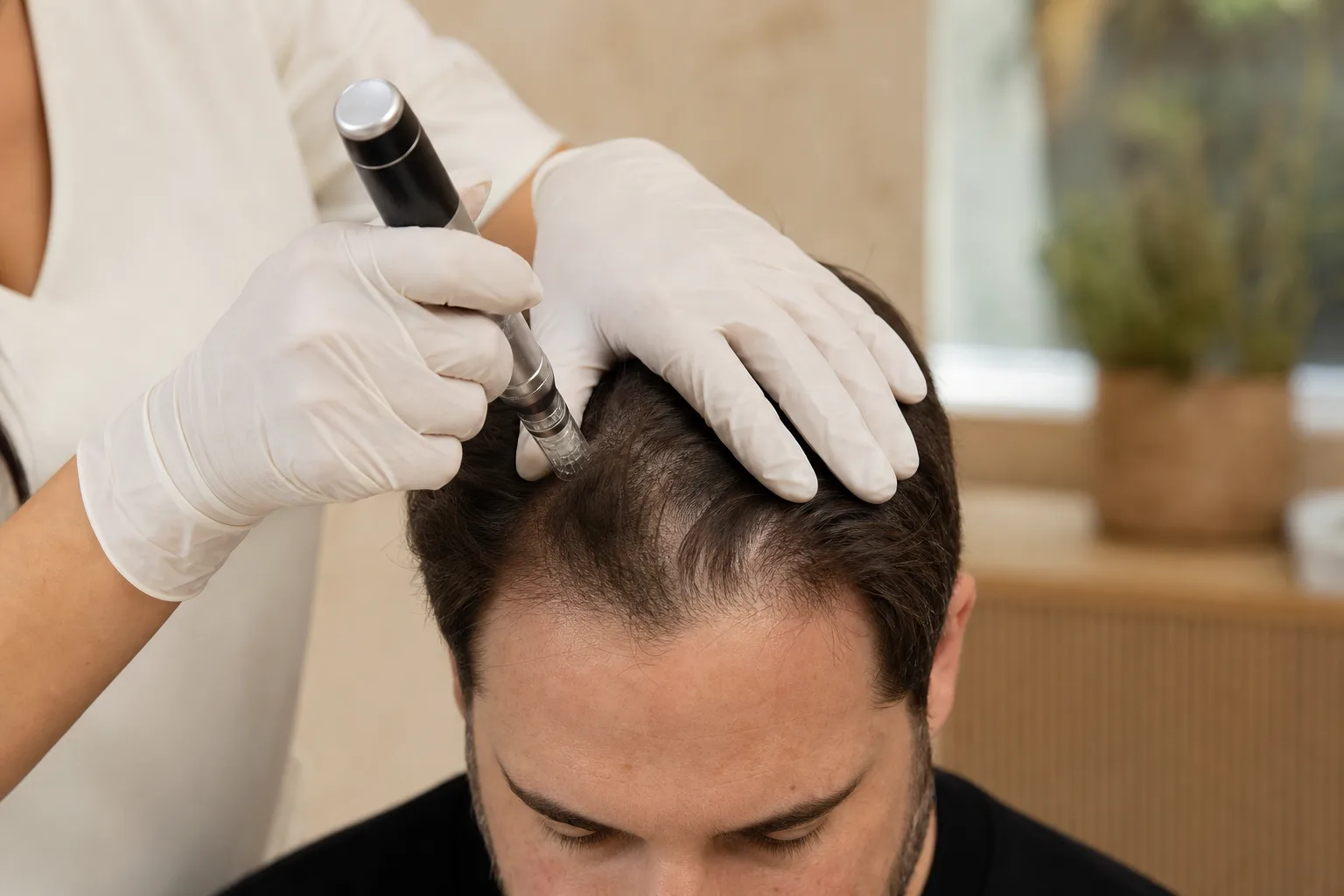 A gloved practitioner running a microneedling pen across a man's thinning hairline and scalp