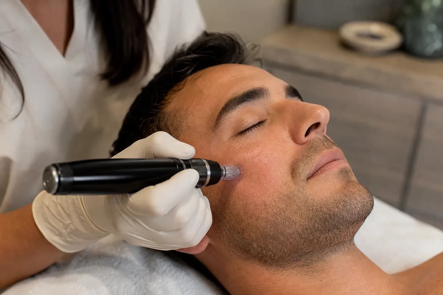 A gloved practitioner performing microneedling with a pen device on a man's cheek