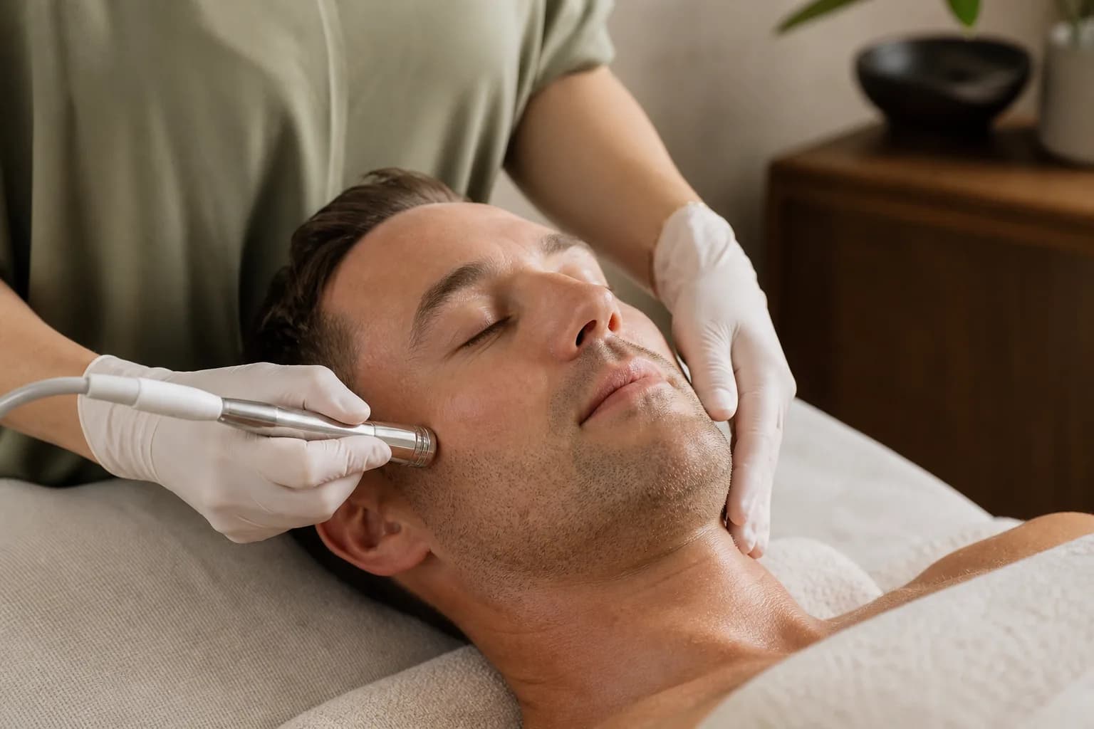 A man on a treatment bed receiving a professional facial treatment with a handheld device