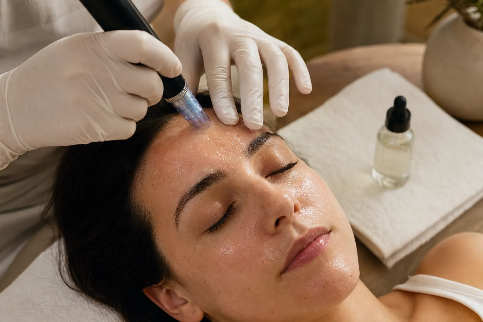 A gloved practitioner performing microneedling on a client's forehead with topical serum applied to the skin