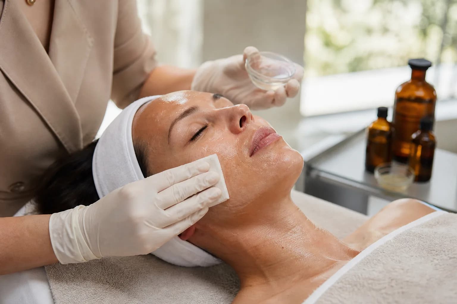 A gloved esthetician applying professional peel solution to a reclining client's face with a gauze pad