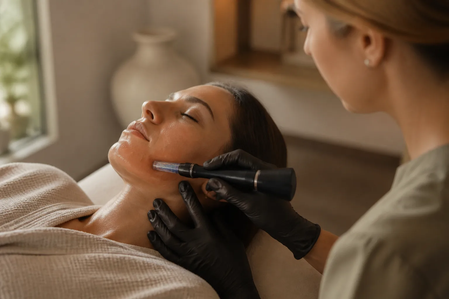 An esthetician performing microneedling with a pen device along a client's jawline
