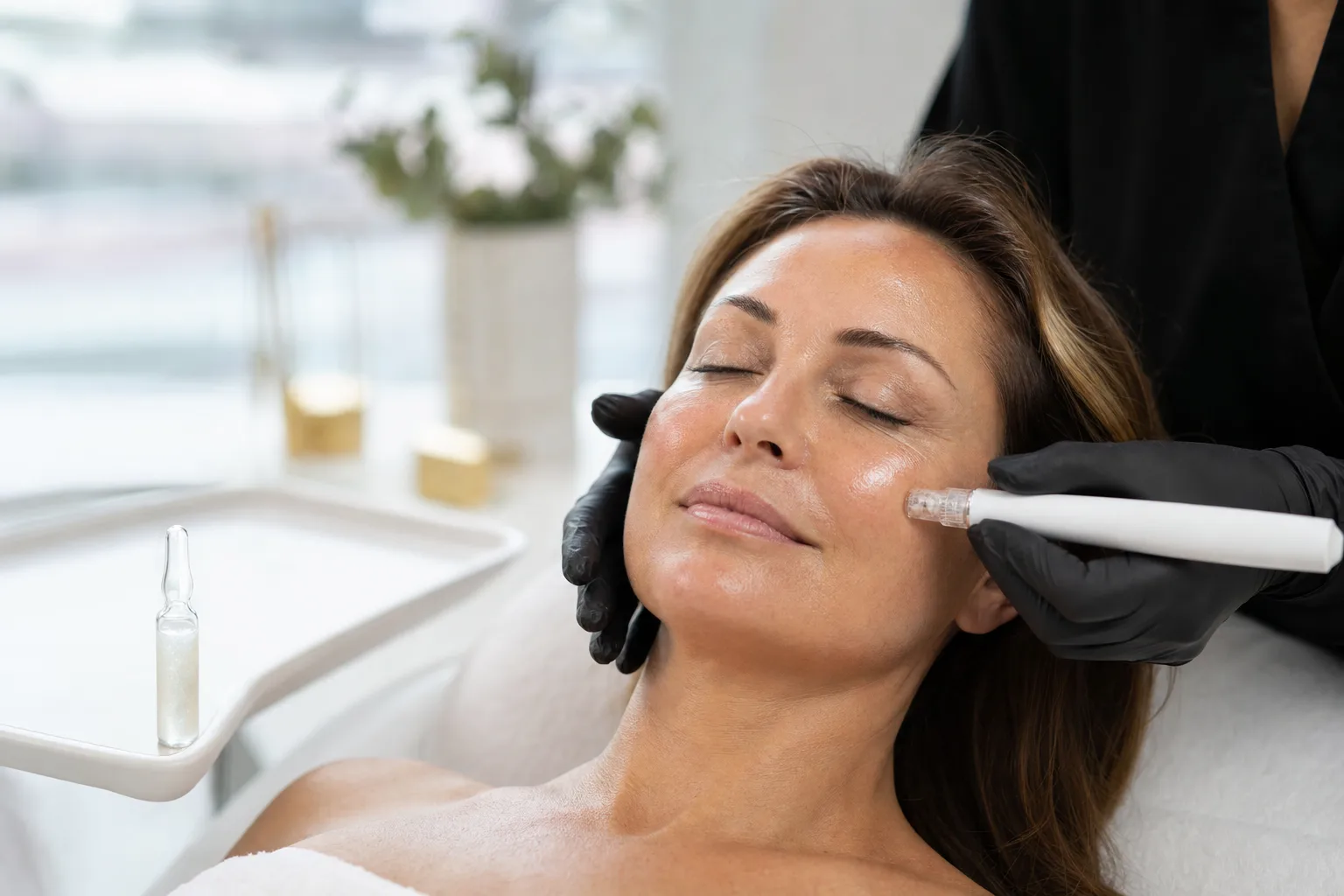 Purasomes exosome protocol at UR ALLURE — microneedling pen over a client's cheek with a sealed exosome ampoule on the tray