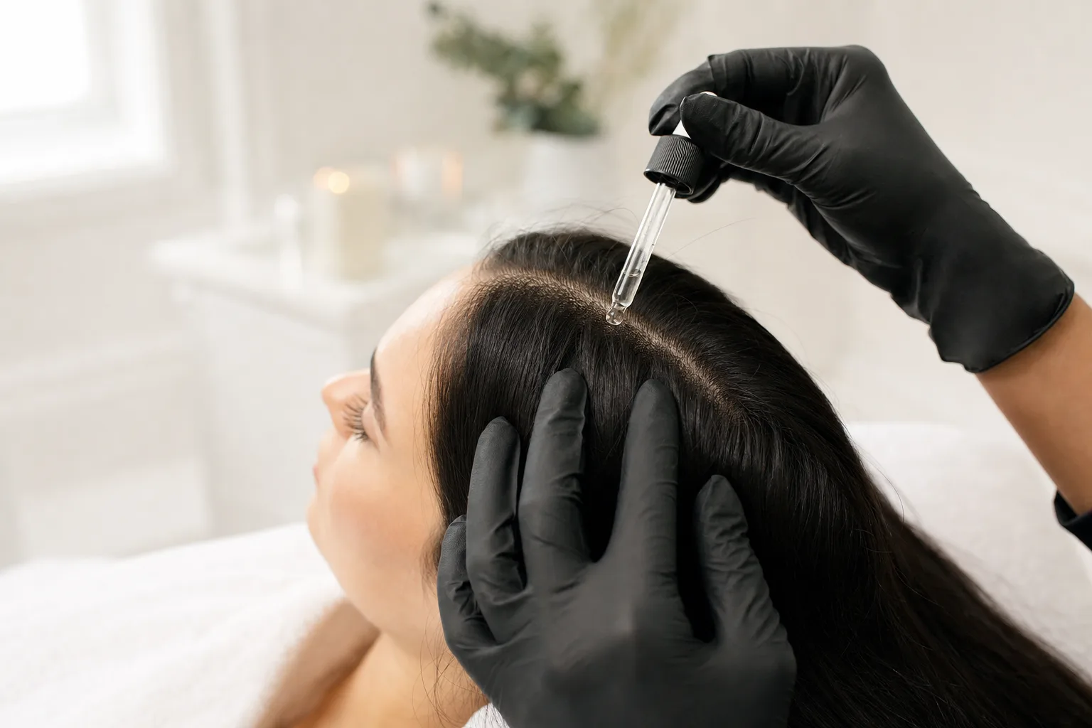 Purasomes hair and scalp complex applied along a client's part line at UR ALLURE