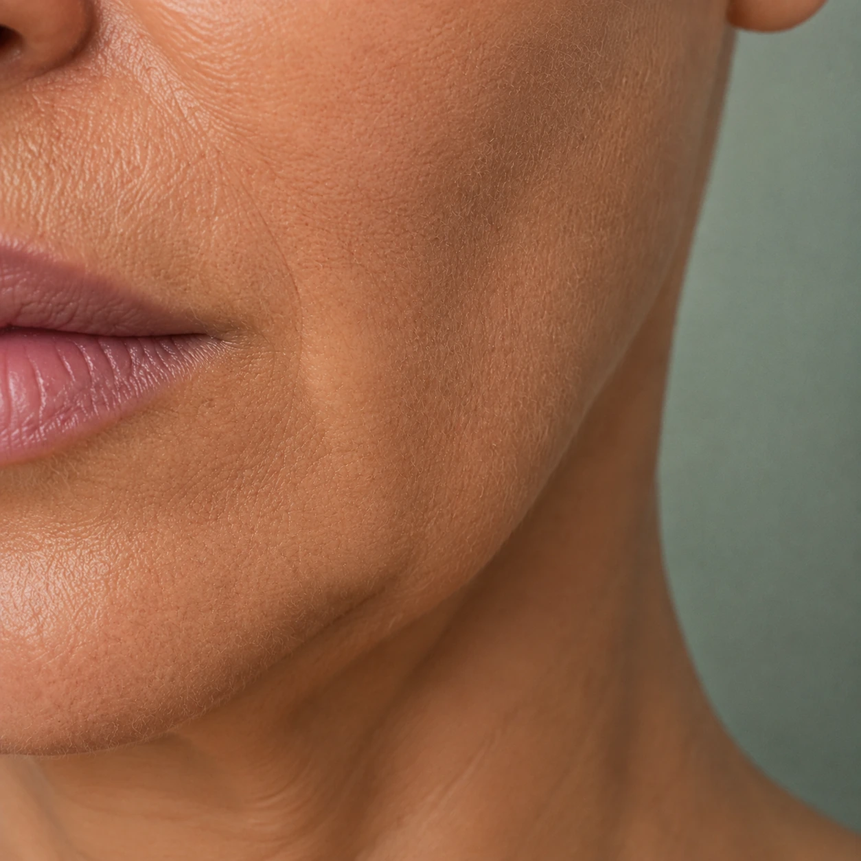 Illustrative lower-face close-up with a softened jaw contour and a fold below the mouth corner. Not a client result.